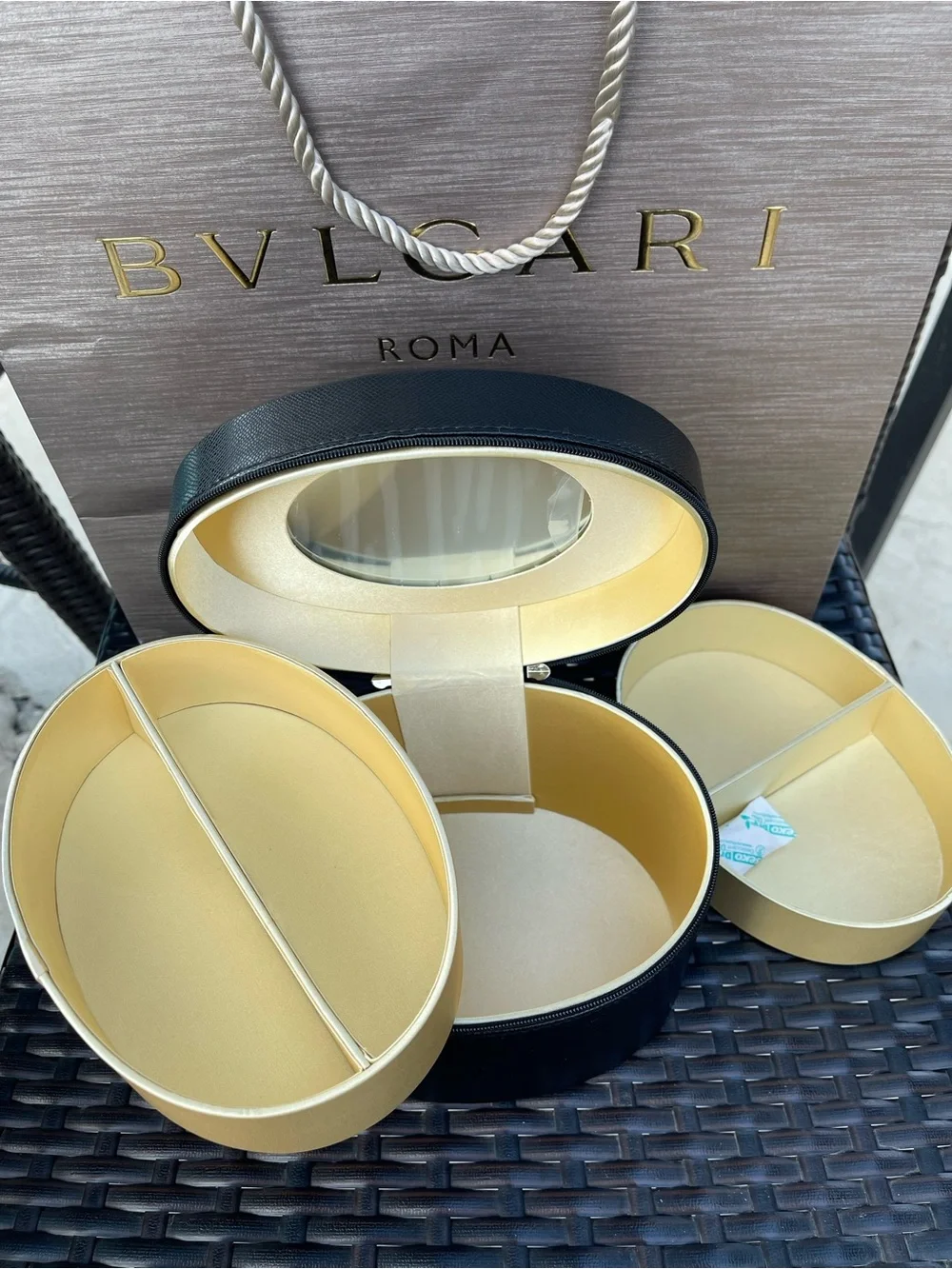 Bulgari Black Leather Round Vanity Case with Gold Hardware
